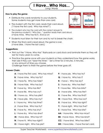Games & Learning Centers - I have.. Who has... (Long I) (Printable PDF Worksheet)