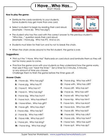 Games and Learning Centers - I have.. Who has... (Short I) (Printable PDF Worksheet)