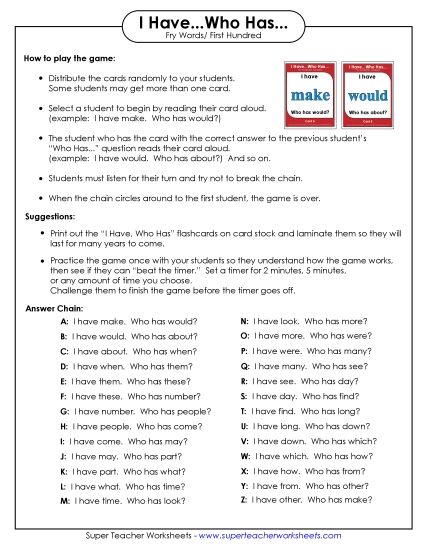 Level 1: First Hundred - I have/Who has Game: Level 1 (Printable PDF Worksheet)