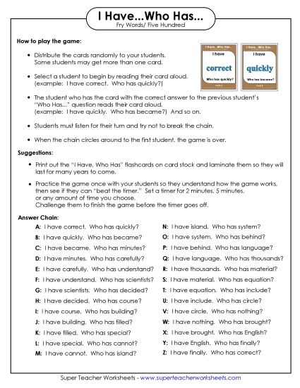 Level 5: Fifth Hundred - I have/Who has Game: Level 5 (Printable PDF Worksheet)