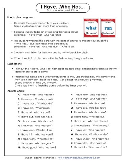 Primer - I have/Who has Game: Primer (Printable PDF Worksheet)