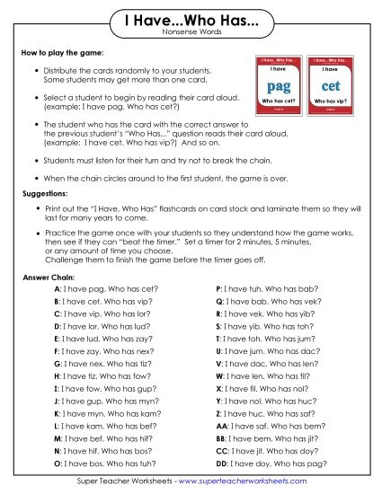 Classroom Tools and Games - I Have...Who Has... Nonsense Words (Printable PDF Worksheet)