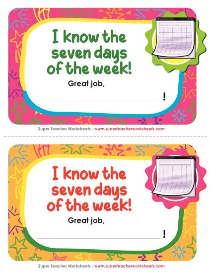 Pre-K and K Math Awards - I know the 7 days of the week! (Printable PDF Worksheet)