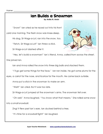 Ian and Sir Wags-a-Lot Stories (Fiction) - Ian Builds a Snowman (Printable PDF Worksheet)