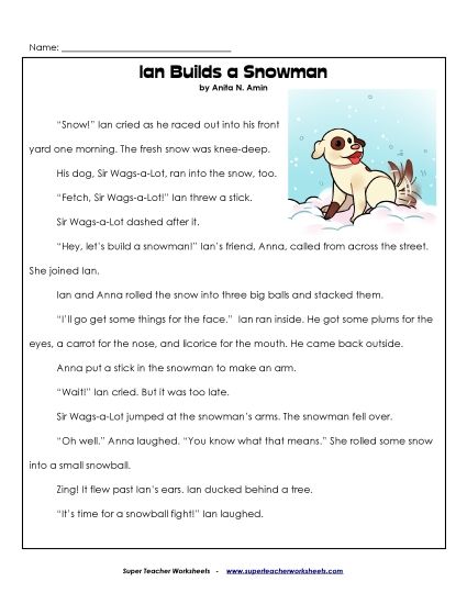 Reading Comprehension - Ian Builds a Snowman Story (Printable PDF Worksheet)