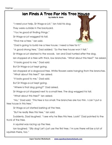Ian and Sir Wags-a-Lot Stories (Fiction) - Ian Finds A Tree For His Tree House (Printable PDF Worksheet)