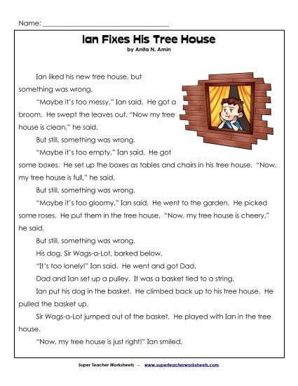 Ian and Sir Wags-a-Lot Stories (Fiction) - Ian Fixes His Tree House (Printable PDF Worksheet)