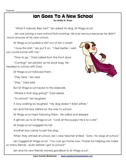 Ian and Sir Wags-a-Lot Stories (Fiction) - Ian Goes to a New School (Printable PDF Worksheet)