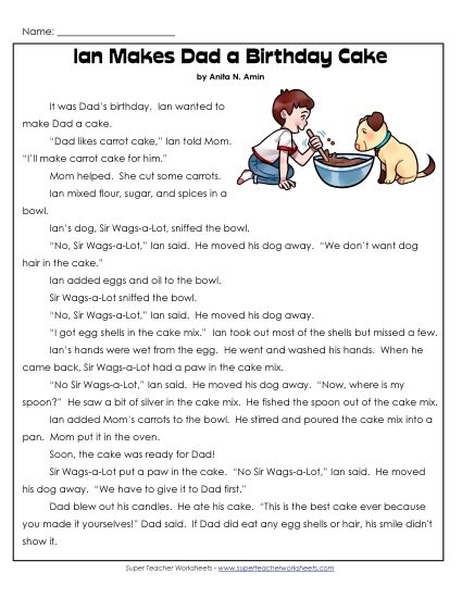 Ian and Sir Wags-a-Lot Stories (Fiction) - Ian Makes Dad a Birthday Cake  (Printable PDF Worksheet)
