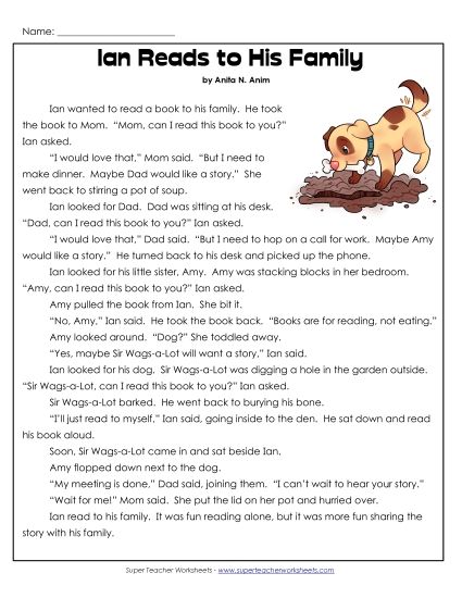 Ian and Sir Wags-a-Lot Stories (Fiction) - Ian Reads to His Family (Printable PDF Worksheet)