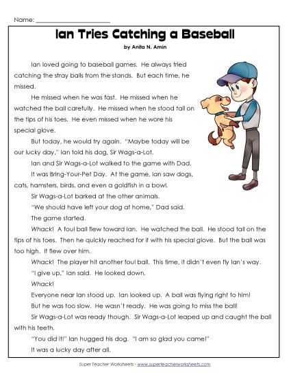 Ian and Sir Wags-a-Lot Stories (Fiction) - Ian Tries Catching a Baseball (Printable PDF Worksheet)