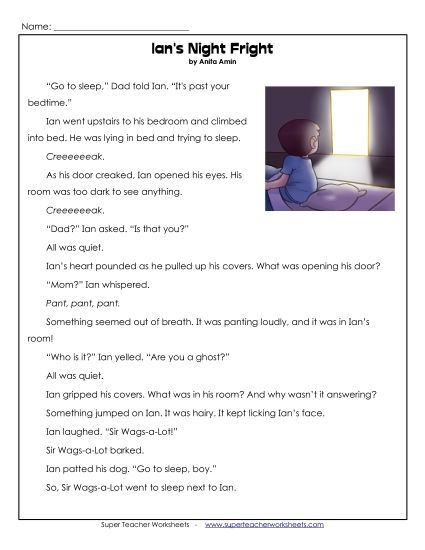 Ian and Sir Wags-a-Lot Stories (Fiction) - Ian's Night Fright (Printable PDF Worksheet)