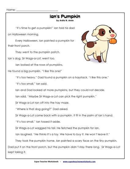 Reading Comprehension Fiction - Ian's Pumpkin Story (Printable PDF Worksheet)