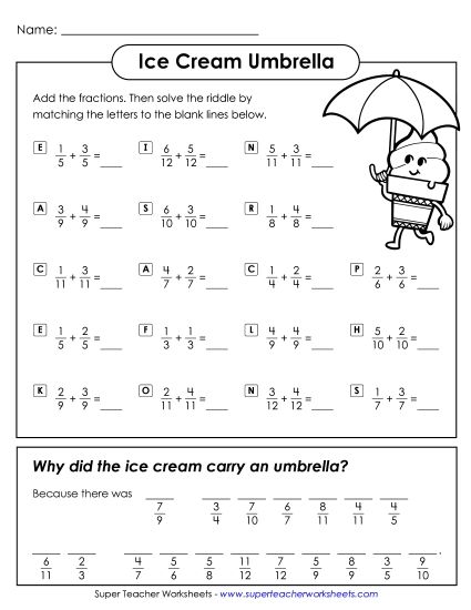 Addition - Ice Cream Umbrella (Adding Fractions / Like Denominators) (Printable PDF Worksheet)