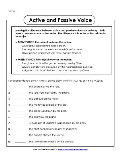 Identifying Active and Passive Voice - Identify Active and Passive Voice Worksheet 1 (Printable PDF Worksheet)