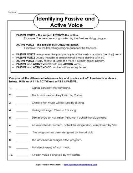 Identifying Active and Passive Voice - Identify Active and Passive Voice Worksheet 2 (Printable PDF Worksheet)