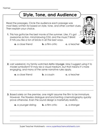 Identifying Audience - Identify & Explain Audience with Style and Tone (Printable PDF Worksheet)