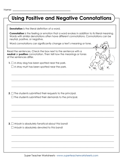 Identifying Positive & Negative Connotation - Identify & Explain Neutral and Positive Connotation (Printable PDF Worksheet)