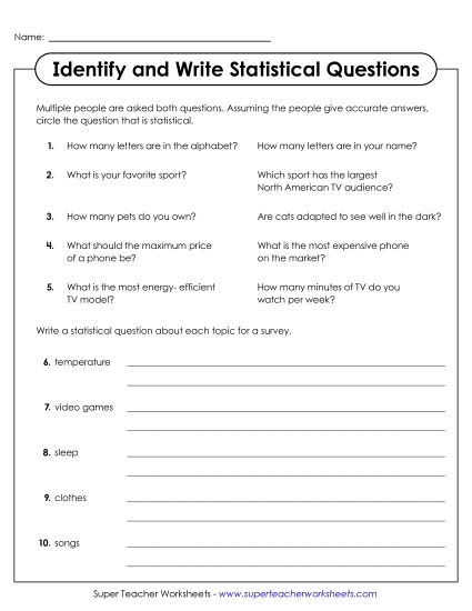 Statistical Questions - Identify & Write Statistical Questions (Printable PDF Worksheet)