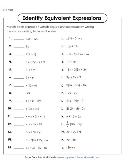 Identify Equivalent Expressions - Identify Equivalent Expressions (Matching) (Printable PDF Worksheet)