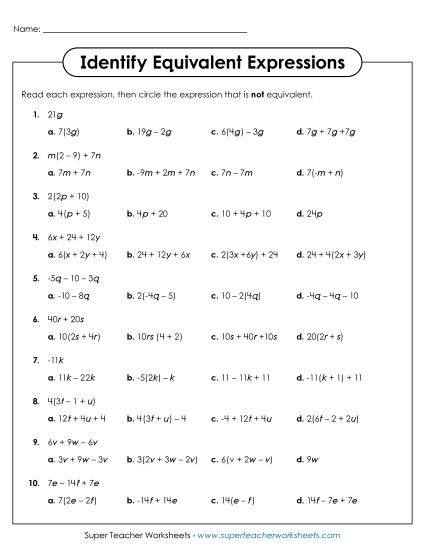 Identify Equivalent Expressions - Identify Equivalent Expressions (Multiple Choice) (Printable PDF Worksheet)