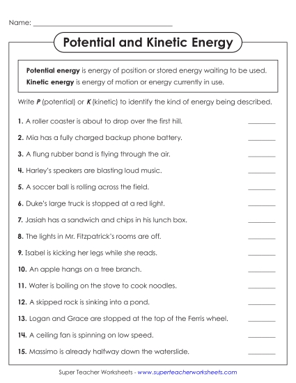 Potential & Kinetic Energy - Identify Kinetic vs. Potential Energy (Printable PDF Worksheet)