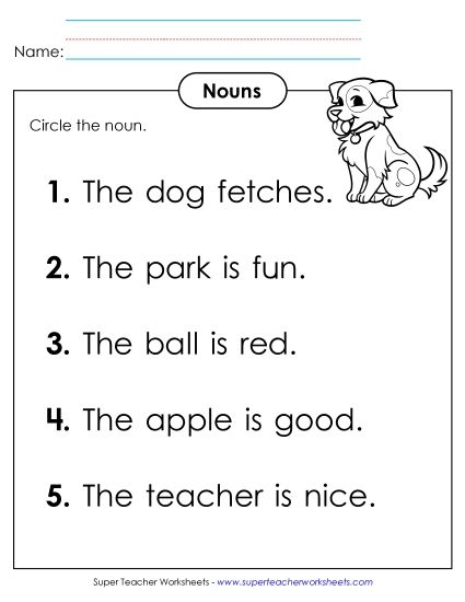 Basic Nouns - Identify Nouns (B) (Printable PDF Worksheet)
