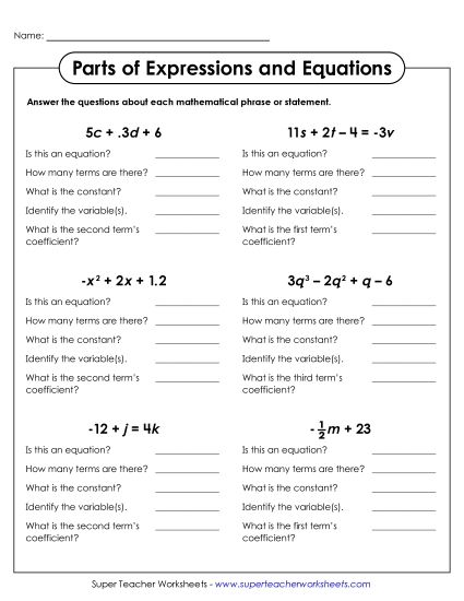 Key Terms - Identify Parts of Expressions & Equations (Printable PDF Worksheet)