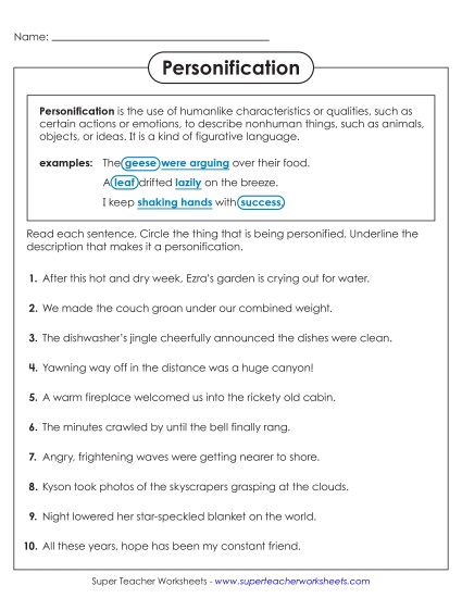 Personification - Identify Personification (Printable PDF Worksheet)