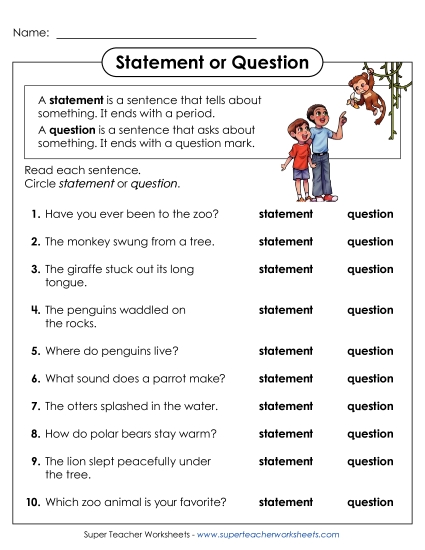 Identifying Sentence Types - Identify Statements and Questions (Printable PDF Worksheet)