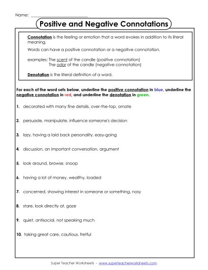 Identifying Positive & Negative Connotation - Identify the Connotations and Denotation  (Printable PDF Worksheet)