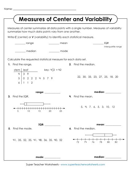 Measures of Center and Variability - Identifying and Finding Measures of Center & Variability (Printable PDF Worksheet)
