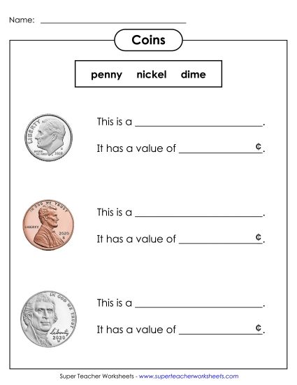 Pennies, Nickels, & Dimes (No Quarters) - Identifying Coins: Fill in the Blanks (Basic) (Printable PDF Worksheet)