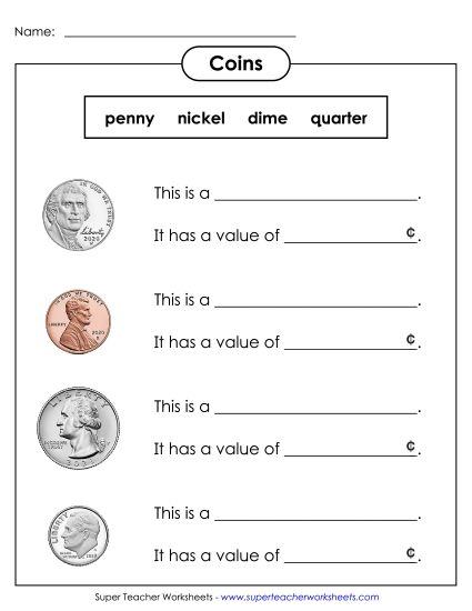 Pennies, Nickels, Dimes, Quarters - Identifying Coins: Fill in the Blanks (Printable PDF Worksheet)