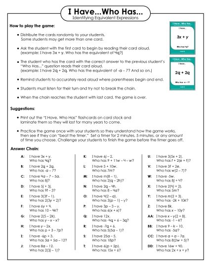 I Have...Who Has... Game - Identifying Equivalent Expressions (I Have...Who Has) (Printable PDF Worksheet)