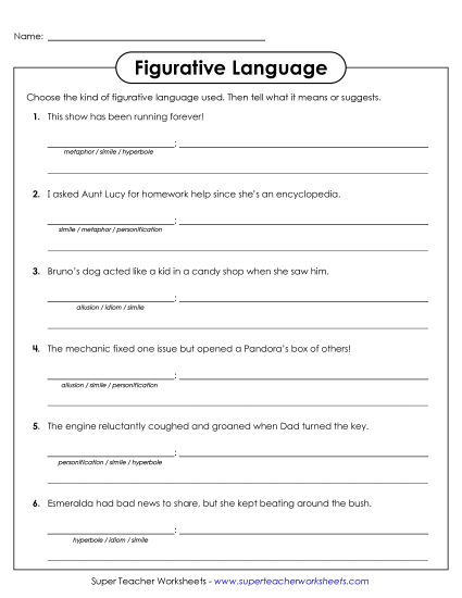 Figurative Language (Multiple Kinds) - Identifying Figurative Language (Printable PDF Worksheet)