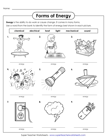Forms of Energy - Identifying Forms of Energy (Printable PDF Worksheet)