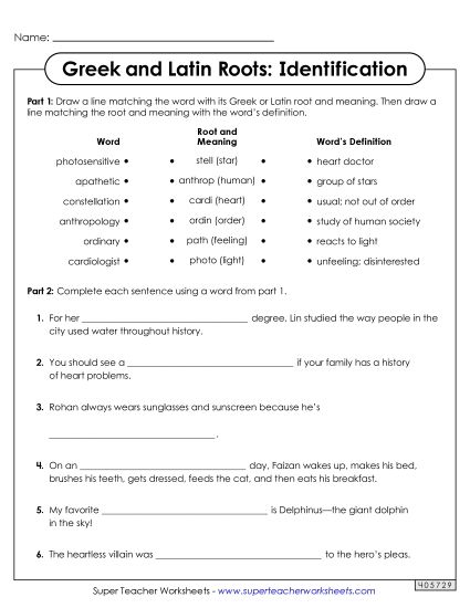 Worksheets - Identifying Greek and Latin Roots Worksheet 1 (Printable PDF Worksheet)