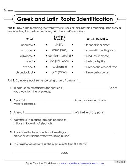 Worksheets - Identifying Greek and Latin Roots Worksheet 2 (Printable PDF Worksheet)