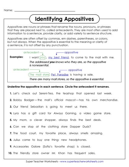 Worksheets - Identifying Parts of Appositives (Printable PDF Worksheet)