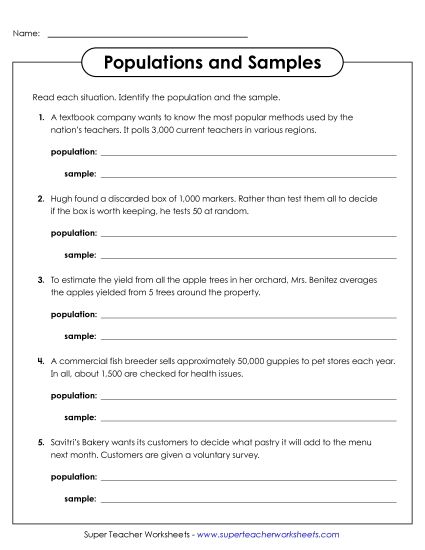 Samples & Populations - Identifying Populations & Samples (Printable PDF Worksheet)