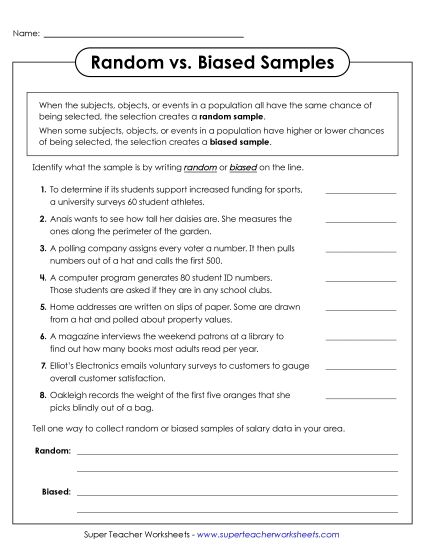Samples & Populations - Identifying Random and Biased Samples (Printable PDF Worksheet)
