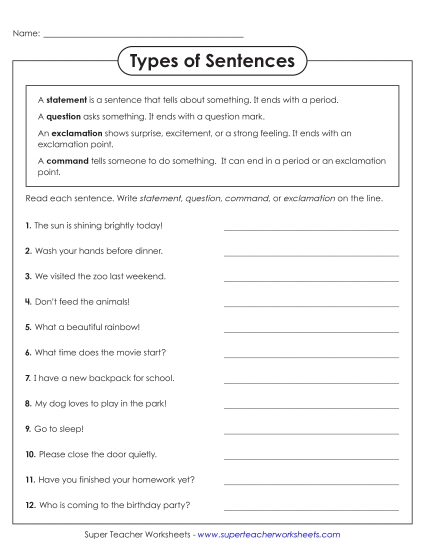 Identifying Sentence Types - Identifying Sentence Types (Printable PDF Worksheet)