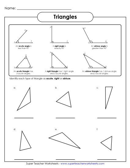Triangles: Acute, Obtuse, Right - Identifying Triangle Angles and Types (Printable PDF Worksheet)