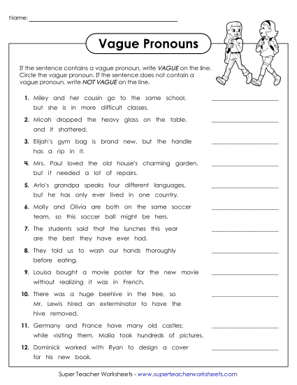Vague Pronouns - Identifying Vague Pronouns (Printable PDF Worksheet)