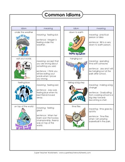 Idioms: Illustrated List (Printable PDF Worksheet)