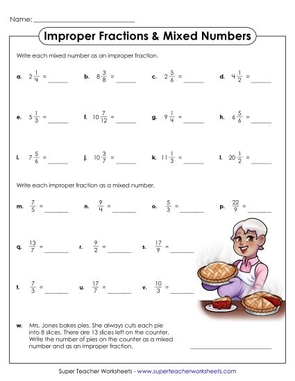 Fraction Counting - Improper Fractions to Mixed Numbers Conversion (Printable PDF Worksheet)