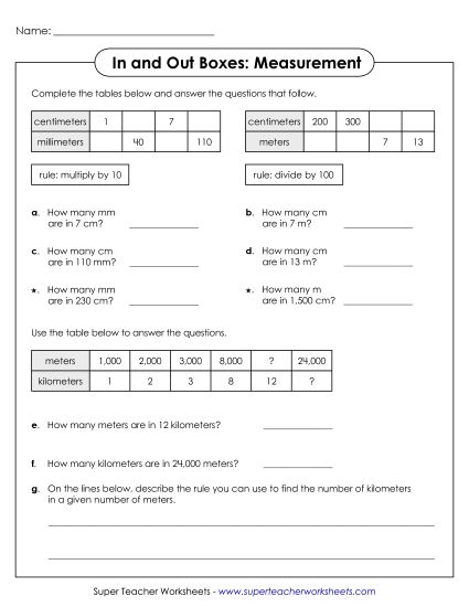 Intermediate - In & Out Boxes  - Linear Measurement Activity (Metric) (Printable PDF Worksheet)