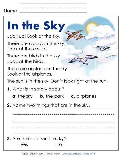 Reading Comprehension and  Additional ELA Skills - In the Sky (Printable PDF Worksheet)