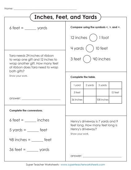 Conversions & Unit Comparisons - Inches, Feet, and Yards Variety Worksheet (Basic) (Printable PDF Worksheet)